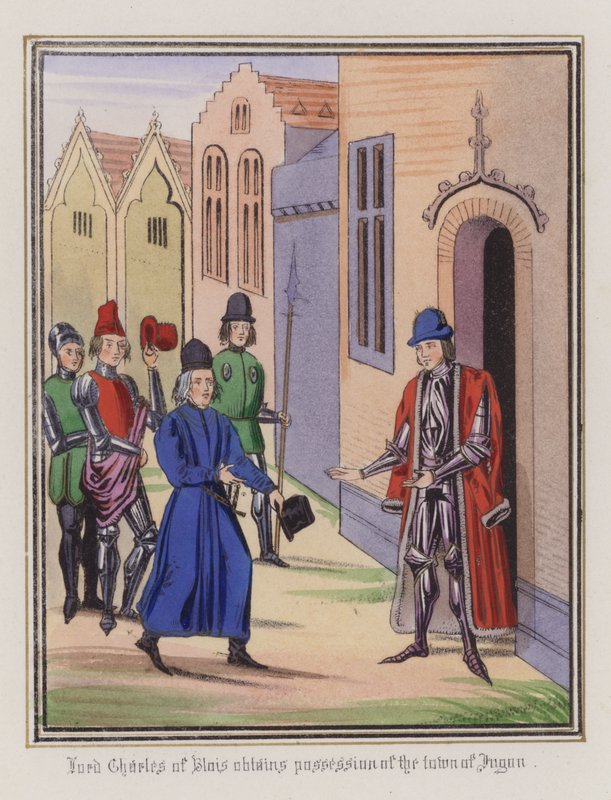 Lord Charles of Blois får staden Jugon i besittning (färgad gravyr) av English School