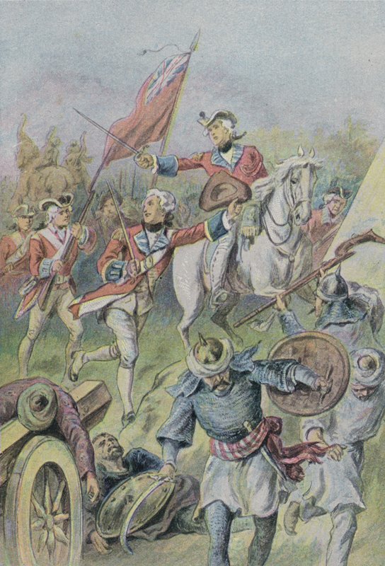Lord Clive befaller britterna i slaget vid Plassey, Indien, 1757 av English School