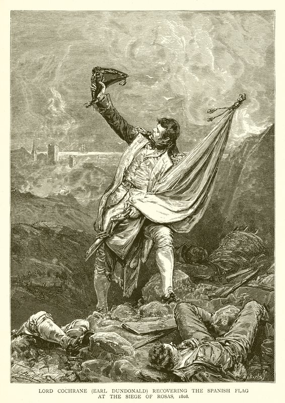 Lord Cochrane (Earl Dundonald) återställer den spanska flaggan vid belägringen av Rosas, 1808 av English School