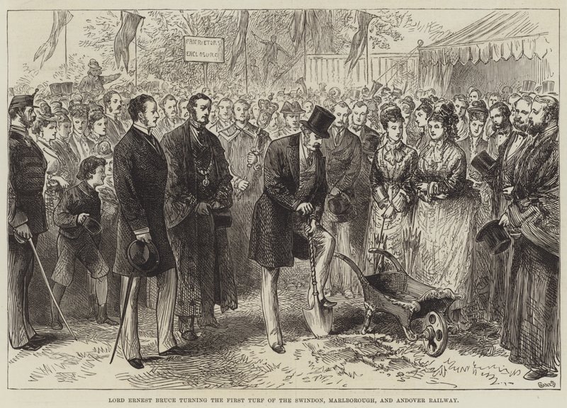 Lord Ernest Bruce Turning the First Turf of the Swindon, Marlborough och Andover Railway (gravyr) av English School