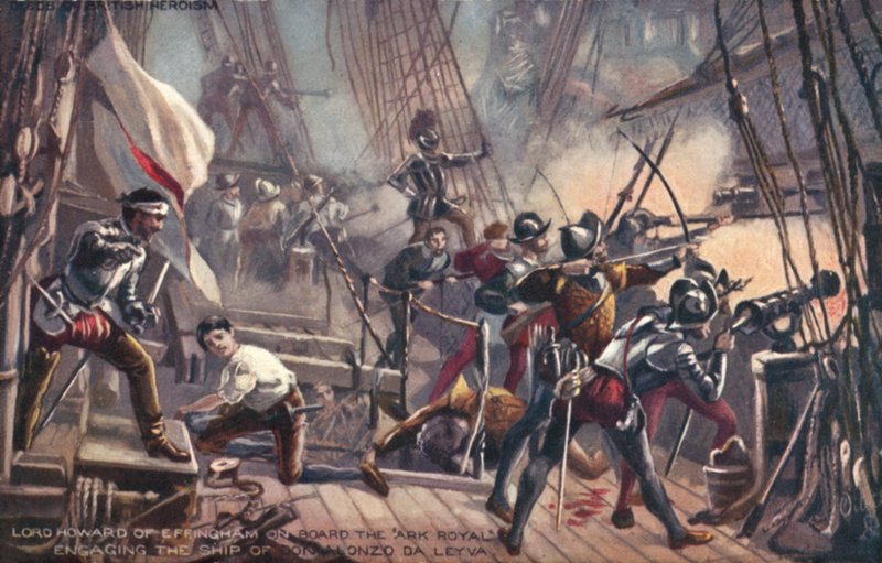 Lord Howard av Effingham på Ark Royal, engagerar Don Alonso de Leyva, spanska armada av English School
