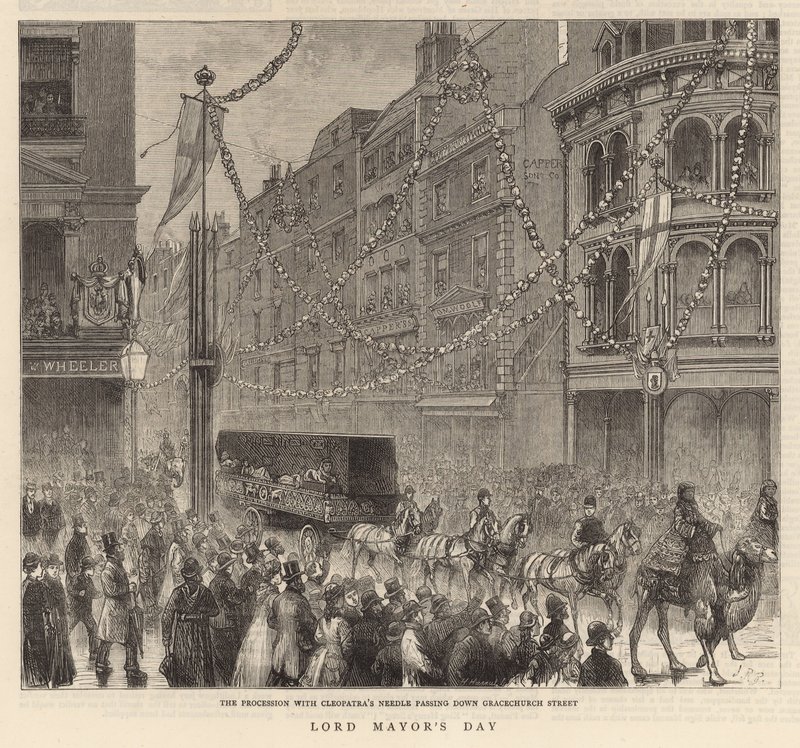 Lord Mayors Day: Processionen med Cleopatras Needle passerar längs Gracechurch Street av English School