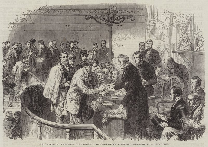 Lord Palmerston levererar priserna på South London Industrial Exhibition på Saturday Last (gravyr) av English School