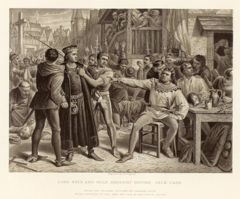 Lord Saye och Sele ställde inför Jack Cade; från en originalbild av Charles Lucy av English School
