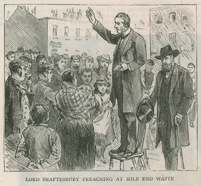 Lord Shaftesbury predikar på Mile End Waste, London av English School