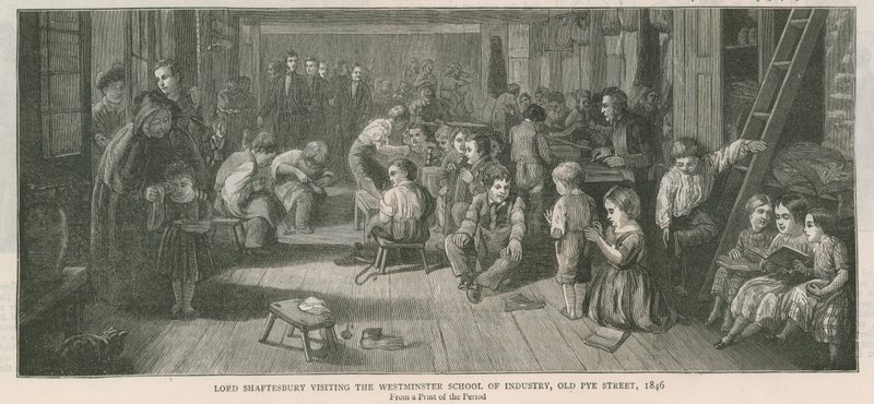 Lord Shaftesbury besöker Westminster School of Industry, Old Pye Street, London, 1846 av English School