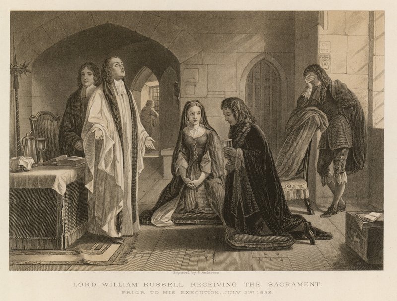 Lord William Russell tar emot sakramentet innan han avrättades, 21 juli 1683 (gravyr) av English School