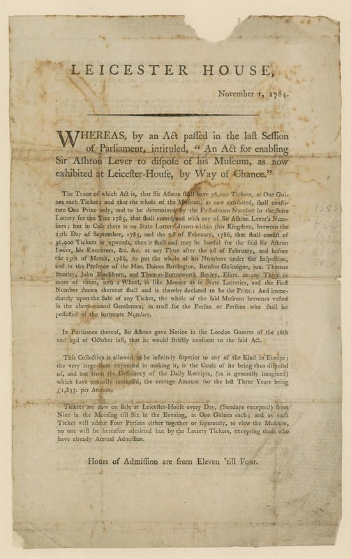 Lotteri för avyttring av Sir Ashton Levers Museum, 1784 av English School