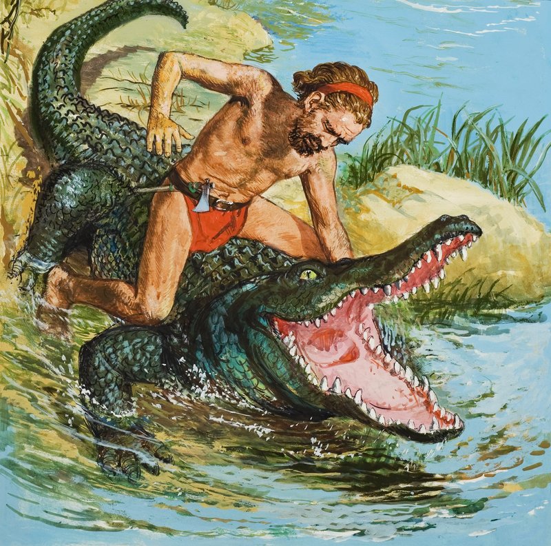 Louis, den öde öns skeppsbrutne, attackerar en krokodil (gouache på papper) av English School