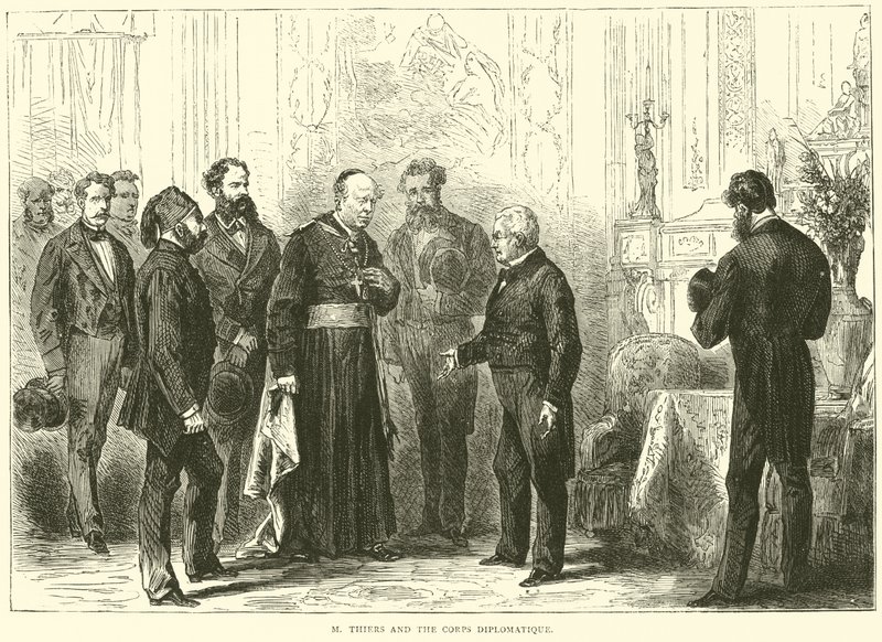 M Thiers och den diplomatiska kåren, mars 1871 av English School
