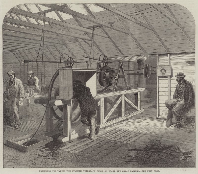 Maskiner för att ta Atlantic Telegraph Cable ombord på Great Eastern (gravyr) av English School