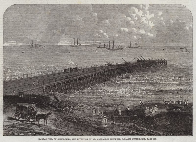 Madras Pier, på skruvhögar, uppfinning av Mr Alexander Mitchell, CE (gravyr) av English School