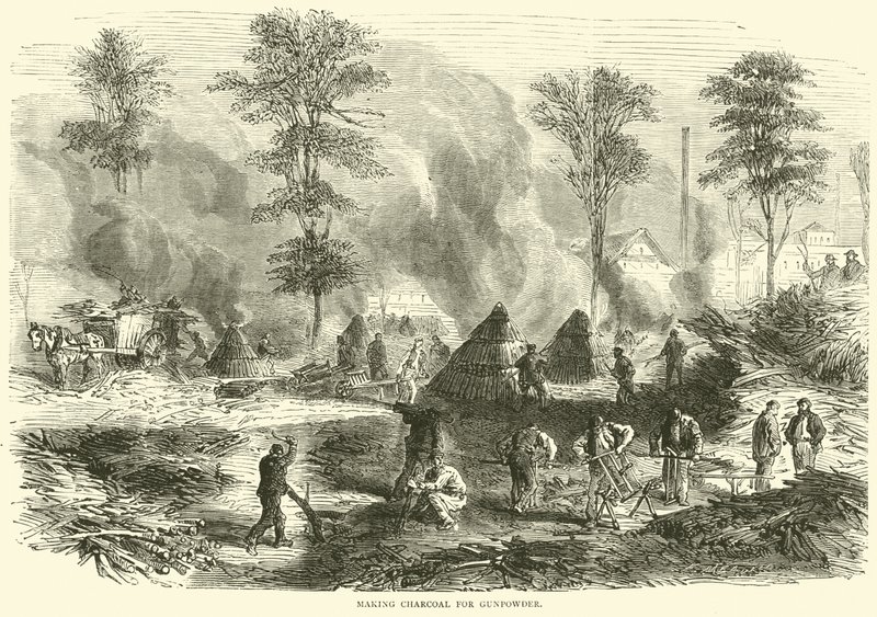 Tillverkning av träkol för krut, oktober 1870 av English School