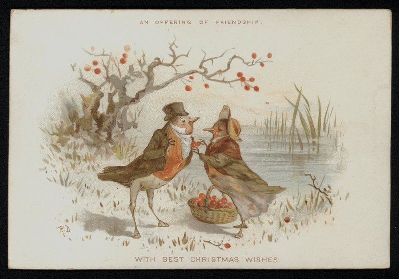Manliga och kvinnliga rödhakar i kostym. Julhälsningskort. (chromolitho) av English School
