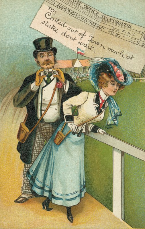 Man och vän vid loppen (färg litho) av English School