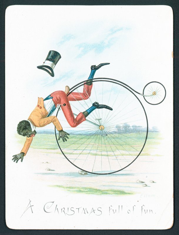 Man som faller av Penny Farthing, julkort av English School