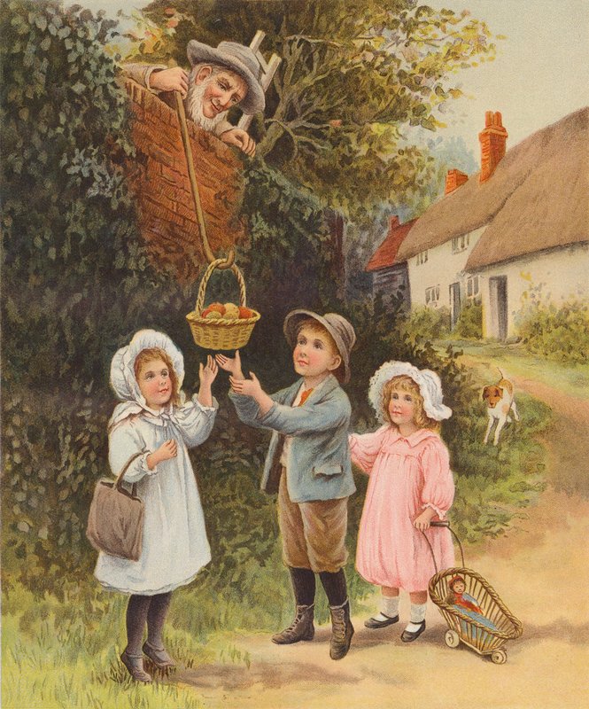 Man sänker ned en fruktkorg till barn (chromolitho) av English School