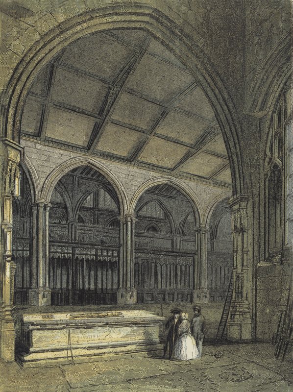 Manchester Cathedral, utsikt över kören och dopkyrkan, från Ely Chapel av English School