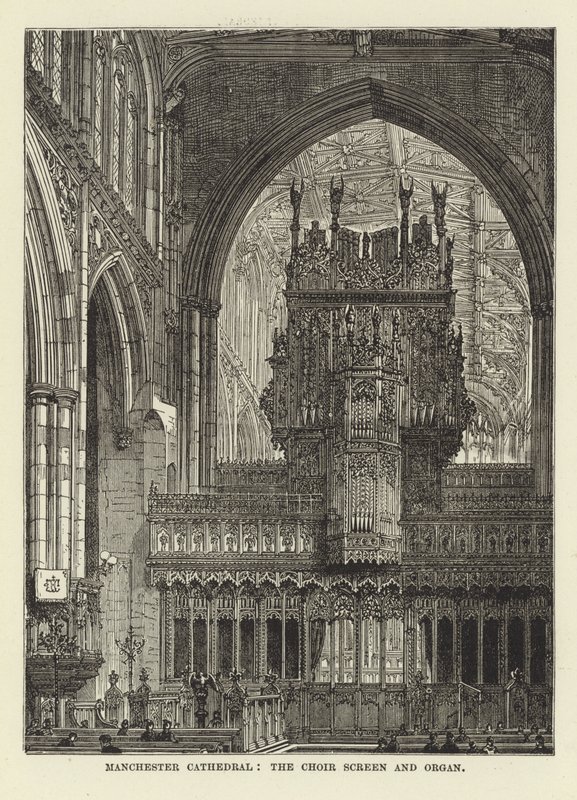 Manchester Cathedral, körskärmen och orgeln av English School