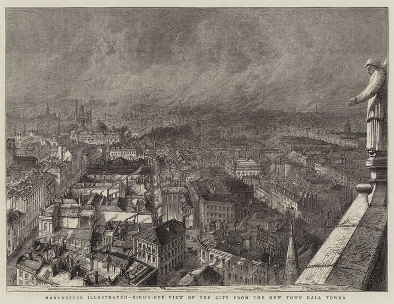 Manchester Illustrated, Fågelperspektiv över staden från New Town Hall Tower (gravyr) av English School