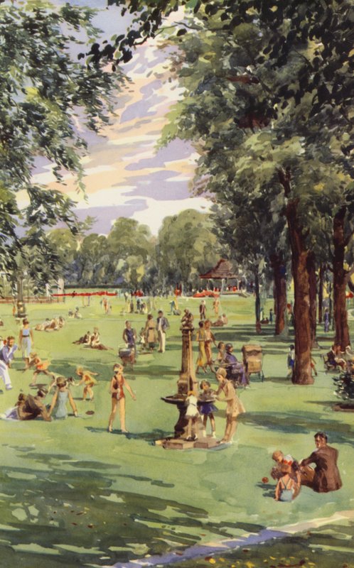 Manchester: I Alexandra Park (färg litho) av English School