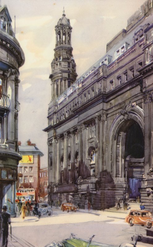 Manchester Royal Exchange (färg litho) av English School