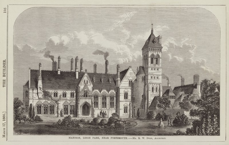 Mansion, Leigh Park, nära Portsmouth, Mr R W Drew, arkitekt (gravyr) av English School