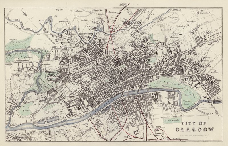 Karta: City of Glasgow, ritad och graverad av G H Swanston, Edinburgh (färg litho) av English School