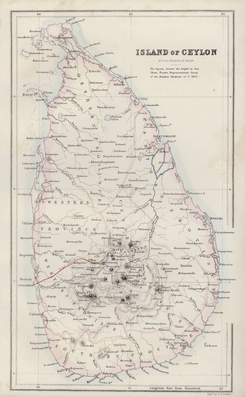 Karta: Ön Ceylon, av G H Swanston, Edinburgh (färglitografi) av English School