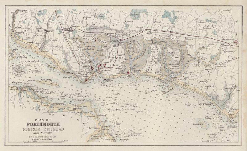 Karta: Plan över Portsmouth, Portsea Spithead och närliggande områden, av G H Swanston, Edinburgh (färglitografi) av English School