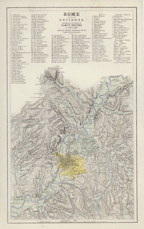 Karta: Rom med dess omgivningar, enligt Baron Moltkes undersökning, 1845 och 1846, ritad av Augustus Petermann (färg litho) av English School