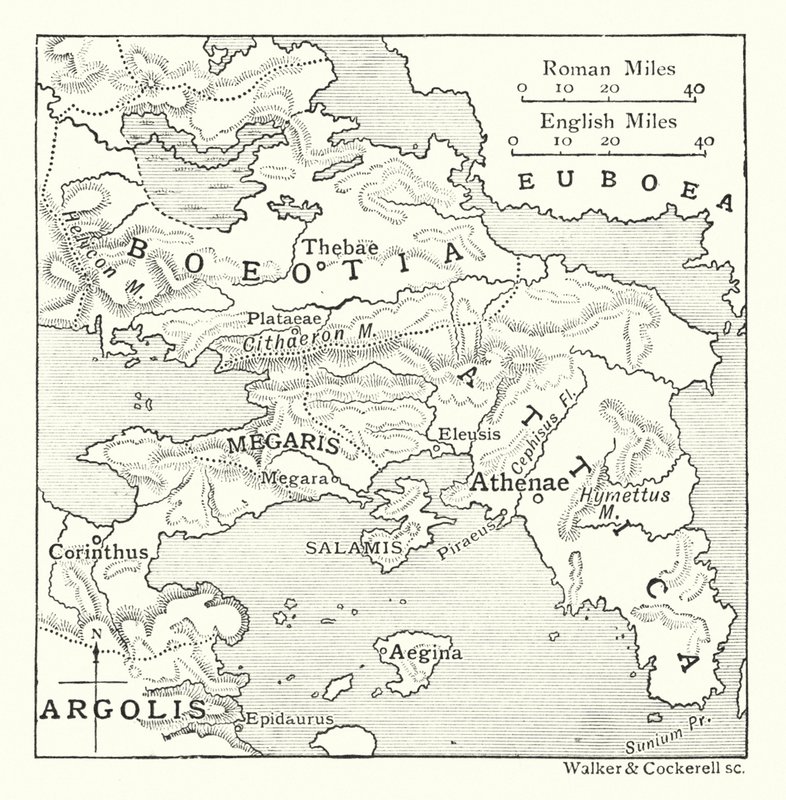 Karta över Attika, med Salamis och Aegina, Boeotia, Megaris och en del av Korinthien och Argolis (litografi) av English School