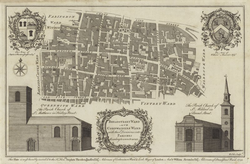 Karta över Bread Street Ward och Cordwainers Ward, London av English School