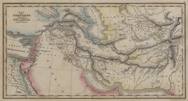 Karta över länder, som nämns i historien om Noah, Abraham och Israels kungar (färgad gravyr) av English School