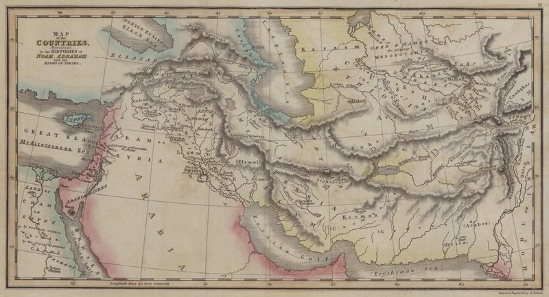 Karta över länder, som nämns i historien om Noah, Abraham och Israels kungar (färgad gravyr) av English School