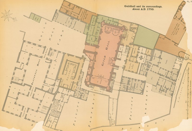 Karta över Guildhall, London, med omnejd omkring 1750 av English School