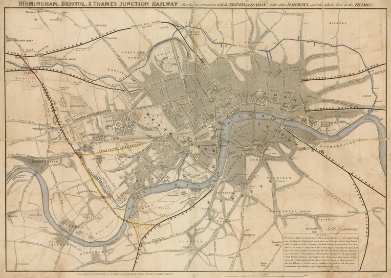 Karta över London som visar järnvägen Birmingham, Bristol, Thames Junction, 1839 av English School
