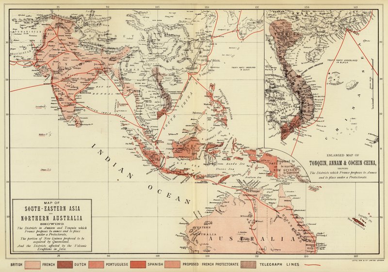Karta över Sydostasien och norra Australien; Förstorad karta över Tonquin, Annam och Cochin Kina (färgbild) av English School