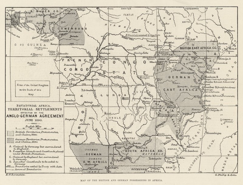 Karta över de brittiska och tyska besittningarna i Afrika (gravyr) av English School