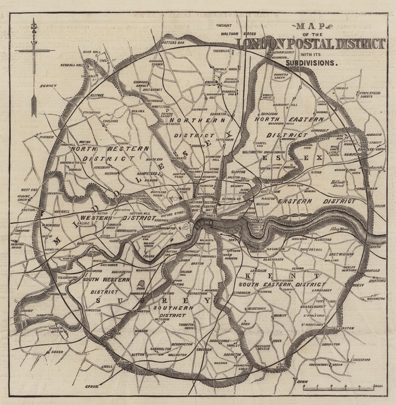 Karta över Londons postdistrikt (gravyr) av English School