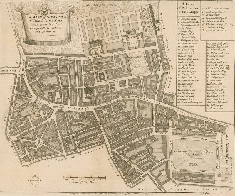 Karta över församlingen St Giles in the Fields, London av English School