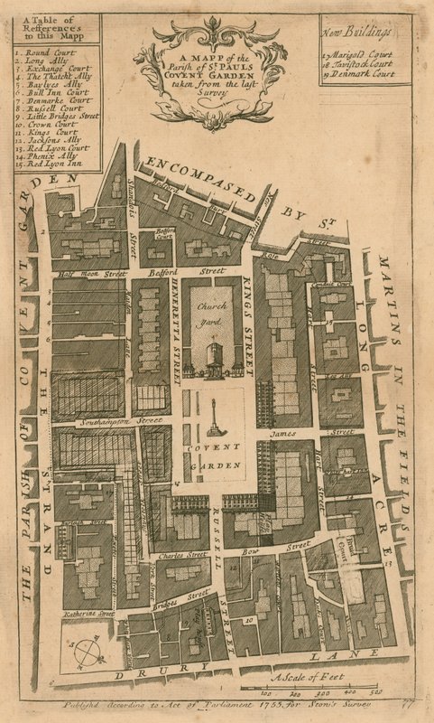 Karta över församlingen St Pauls, Covent Garden, London av English School