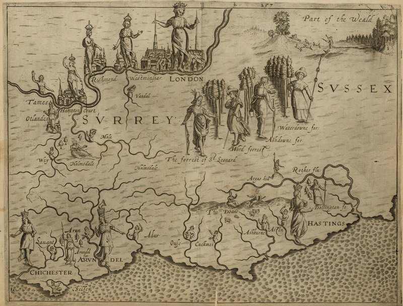 Karta över södra England, inklusive London, Surrey och Sussex av English School