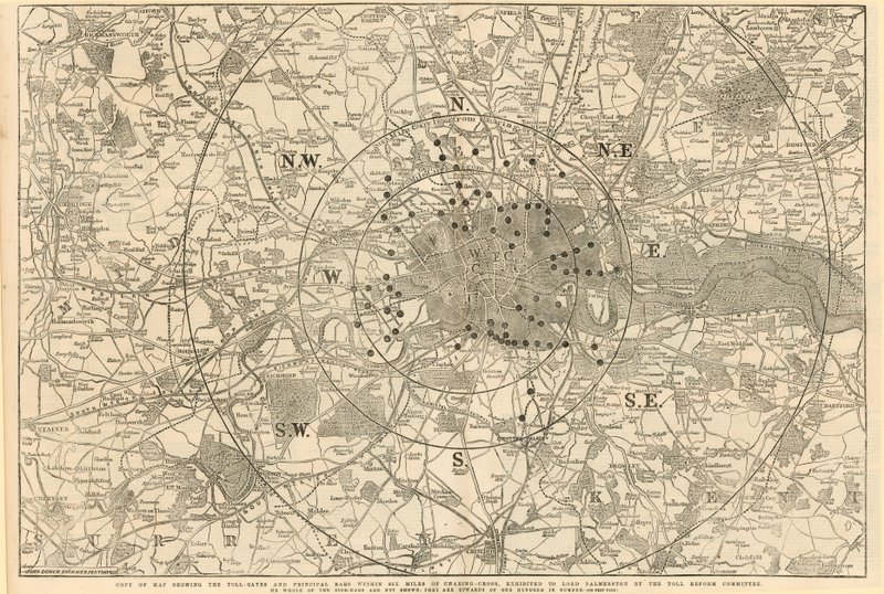 Karta som visar tullportarna och de viktigaste barerna inom 6 miles från Charing Cross, utställd för Lord Palmerston av Toll Reform Committee av English School