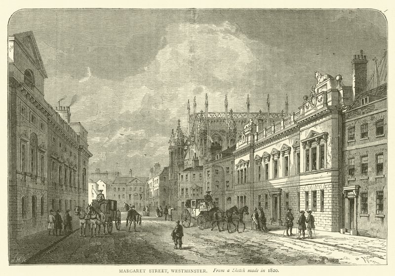 Margaret Street, Westminster, från en skiss gjord 1820 (gravyr) av English School