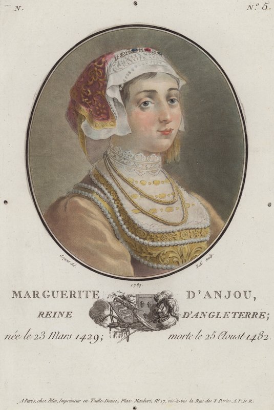 Margareta av Anjou, drottningkonsort till kung Henrik VI av England (färgad gravyr) av English School