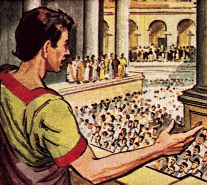 Mark Antony talar om den mördade Julius Caesar för folket i Rom av English School