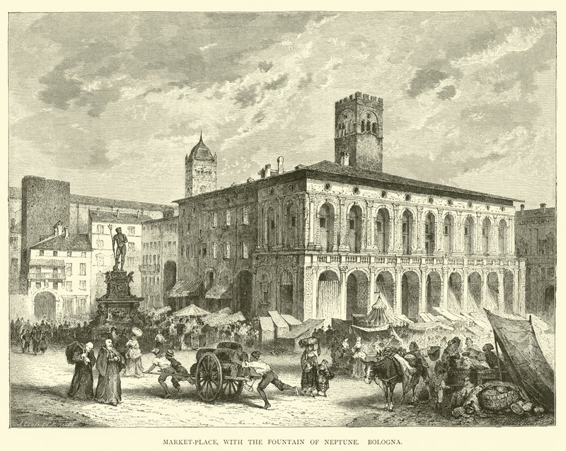 Marknadsplats, med Neptunusfontänen, Bologna av English School