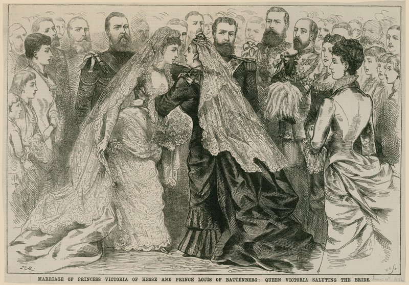 Bröllop mellan prinsessan Victoria av Hessen och prins Louis av Battenberg, drottning Victoria hälsar bruden, 16 maj 1884 av English School