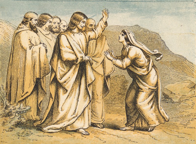 Marta möter Jesus efter Lasarus död (färgad gravyr) av English School